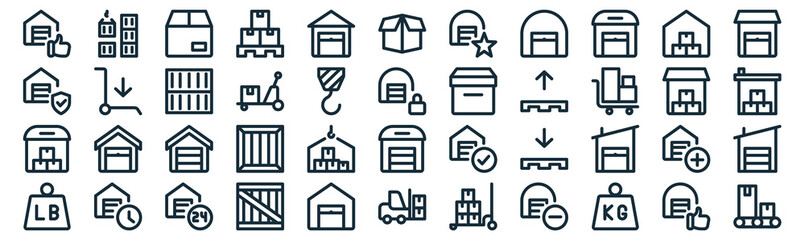 warehouse thin line icon set such as pack of simple warehouse, waggon, warehouse, container, icons for report, presentation, diagram, web design