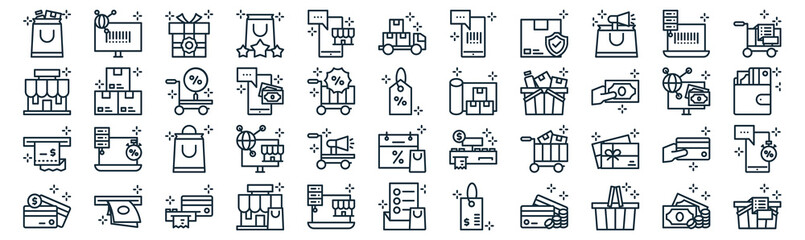 discount thin line icon set such as pack of simple mobile shop, mobile payment, shopping bag, atm, bill, discount, barcode scan icons for report, presentation, diagram, web design