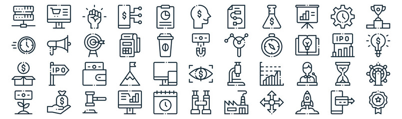 startups thin line icon set such as pack of simple file, accounting, wallet, money bag, package, target, time icons for report, presentation, diagram, web design