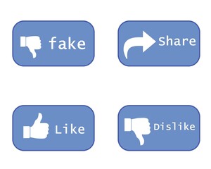 Boutons fake, like, dislike et share en 4 icônes bleus