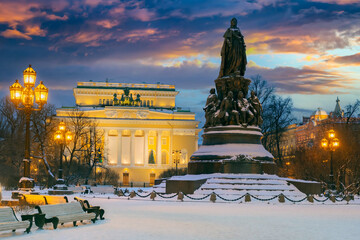 Saint Petersburg on a winter morning. Christmas night in Russia. Monument to Catherine in Russia....