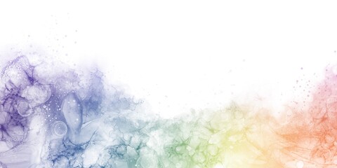 アルコールインクアートの幻想的抽象背景）虹色の波とシャボン玉　横長のバナー　レインボー　スペース