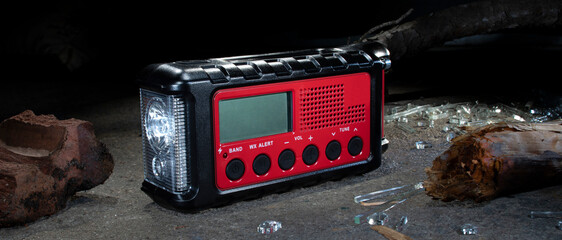 Emergency weather radio to receive updates during or after a disaster surrounded by debris. 