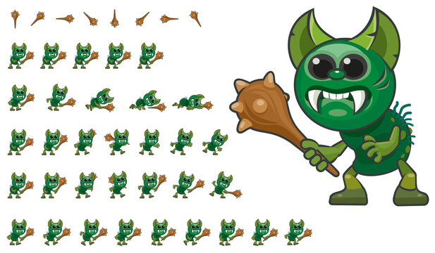 Goblin armed with a club. Game animated character in various poses. Idle state, walking, club throwing, falling. Game Sprite 