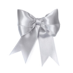 Silver satin ribbon tied in bow on white background, top view
