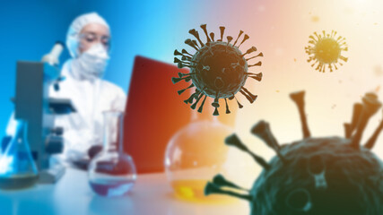 Omicron laboratory. Virologist is investigating COVID-19. Concept for development of vaccine...