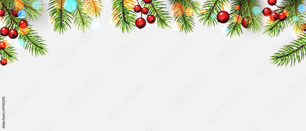Poster spruce branches with red berries and bokeh lights.