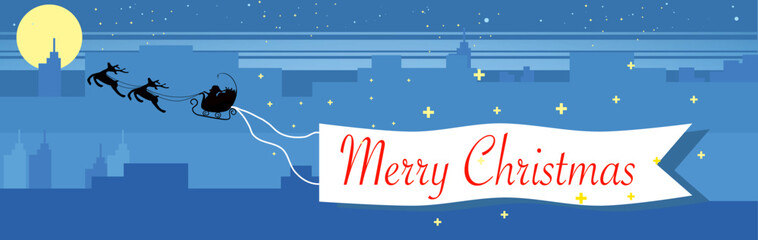 Merry Christmas font with Santa Claus and Reindeer. Santa Claus flying in a sleigh with reindeer.Merry Christmas vector illustration.
