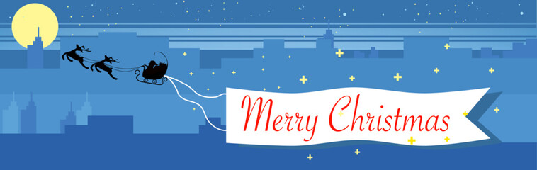 Merry Christmas font with Santa Claus and Reindeer. Santa Claus flying in a sleigh with reindeer.Merry Christmas vector illustration.