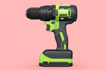 Cordless drill or green screwdriver isolated on pink background