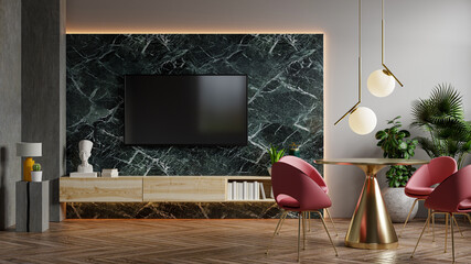 TV room and dining room with marble walls.