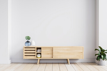 Simple minimal cabinet for tv interior white wall mockup. - obrazy, fototapety, plakaty