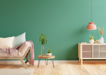 Living room interior green wall mock up with fabric sofa and wooden floor.