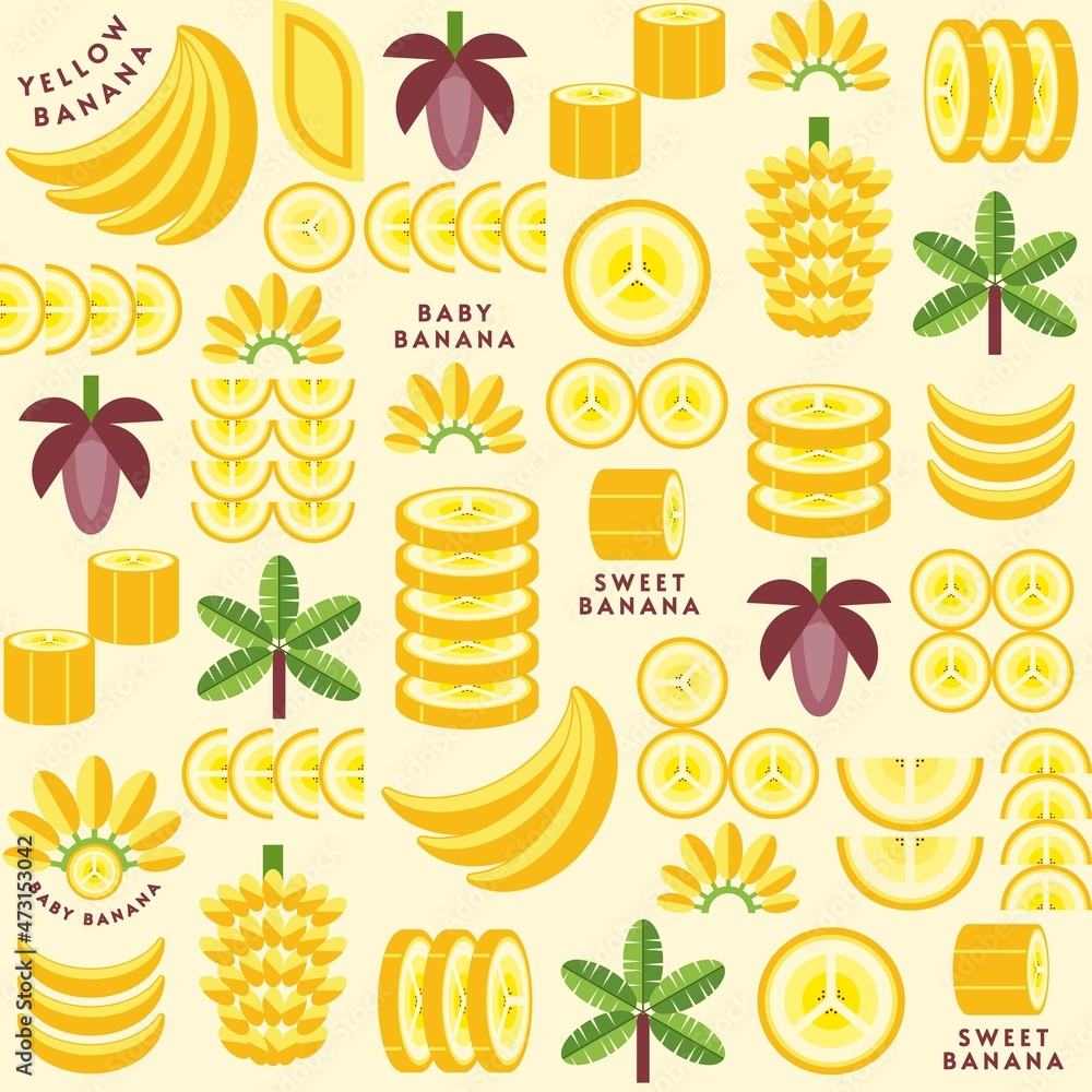 Poster seamless background with banana design elements, logo in simple geometric style. vector pattern is g