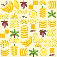 Seamless background with banana design elements, logo in simple geometric style. Vector pattern is good for branding, decoration of food package, cover design, decorative print, background - obrazy, fototapety, plakaty