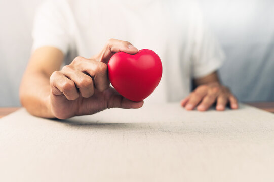 Hand holding red heart healthcare concept, World heart day, hands holding red heart, health care, love, organ donation, mindfulness, wellbeing, family insurance and CSR concept, world heart day,