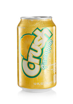 LONDON,UK - OCTOBER 21, 2021 : Aluminium can of Crush pineapple soda drink on white background.
