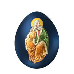 Ester egg with Prophet saint Elijah drawn in Byzantine style. Religious illustration on white background