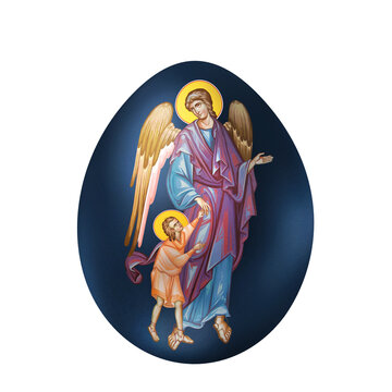 Guardian angel with kind. Ester egg in Byzantine style. Religious illustration on white background