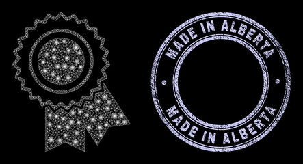 Majestic polygonal mesh web award seal icon with glare effect on a black background with round Made in Alberta scratched stamp. Vector frame is based on award seal pictogram,