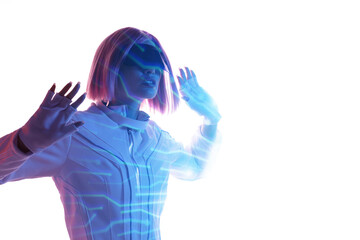 Double exposure of woman and futuristic holographic interface to display data. Female in futuristic costume using VR helmet. Augmented reality, future technology, game concept. White background.