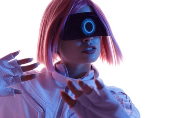 Woman in futuristic costume. Female in modern VR glasses interacting with network while having...