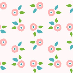 Repeating flowers with leaves. Cute seamless pattern. Endless floral print. Vector illustration.