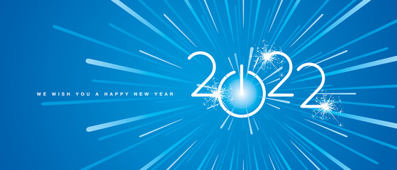 We wish you a Happy New Year 2022 white shining rounded typography high speed light blue background banner and turn on start button