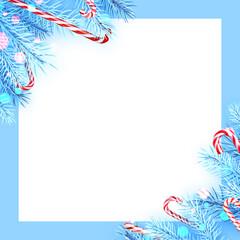 Fototapeta na wymiar Blue spruce branches with candy canes and bokeh lights.