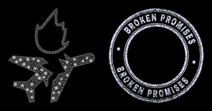 Glare mesh web airplane crash icon with glitter effect on a black background with round Broken Promises textured seal imitation. Vector model is based on airplane crash icon, white mesh used.