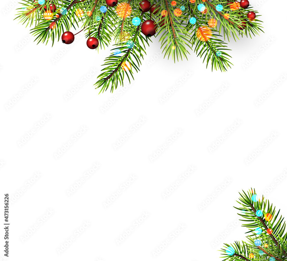 Poster fir branch with red berries and bokeh lights.