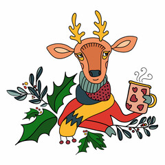 Vector doodle composition with cute reindeer in sweater and scarf holding a cup of tea or coffee surrounded by brunches of holly.Colorful design for winter advertising,packaging,stickers,books,cards