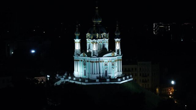 Andreevsky church. Ukrainian Autocephalous Orthodox Church. Drone video. Night. Kyiv, Ukraine.