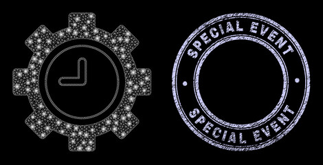 Majestic polygonal web clock settings gear icon with glare effect on a black background, and round Special Event corroded seal imitation. Vector frame is generated from clock settings gear pictogram,