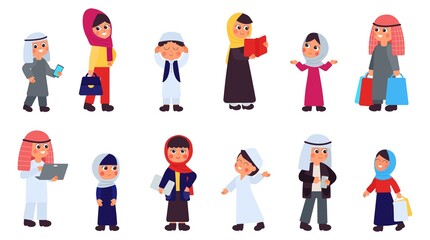 Arab family. Arabic son, saudi couple and single characters. Cartoon muslim people, isolated islam person in traditional cloth, decent vector set