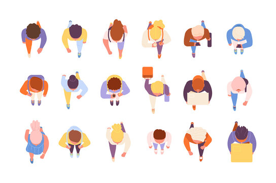 People Top View. Overhead Of Human, Men Gathering Crowd. Person Walking, Diverse Isolated Characters Community. Urban Man Woman Utter Vector Set