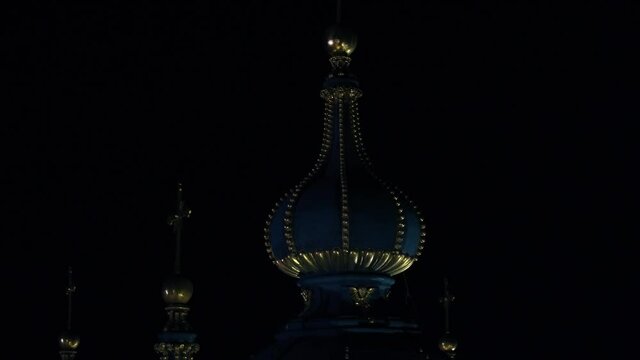 Andreevsky church. Ukrainian Autocephalous Orthodox Church. Drone video. Night. Kyiv, Ukraine.