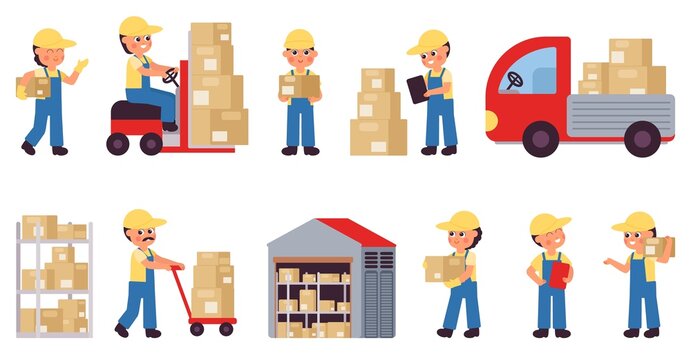Flat warehouse. Factory truck, logistic operator and cute delivery team. Transporting service, post industry. Workers in uniform decent vector set