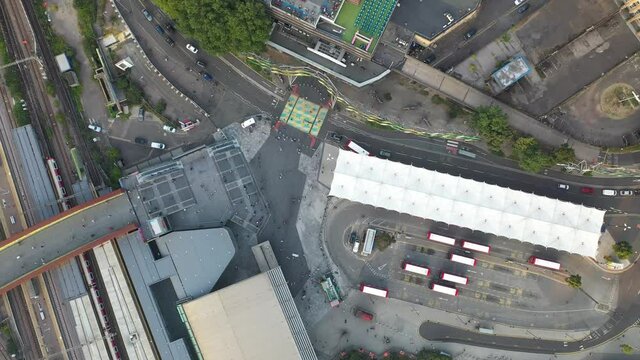 London Bus Station With Traditional Red Public Buses Standing Top Down View