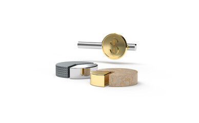 3d silver, gold figures in the form of data analysis and a gold coin on a white background. 3d rendering on the topic of business, analytics, metrics, payments, money. Modern minimal style.