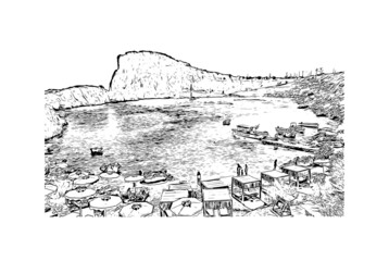 Obraz premium Building view with landmark of Lindos is the village in Greece. Hand drawn sketch illustration in vector.
