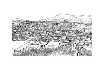 Building view with landmark of Lindos is the 
village in Greece. Hand drawn sketch illustration in vector.