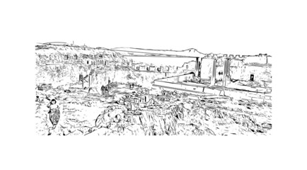 Obraz premium Building view with landmark of Lindos is the village in Greece. Hand drawn sketch illustration in vector.