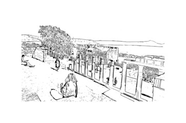 Obraz premium Building view with landmark of Lindos is the village in Greece. Hand drawn sketch illustration in vector.