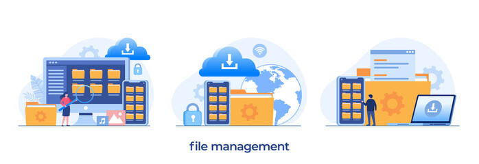 Cloud storage & file management, data filing concept, folder, gallery, flat illustration vector template