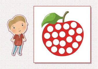 Printable worksheet. Finger painting. Cute cartoon apple and boy. Vector illustration. Horizontal A4 page Color red.