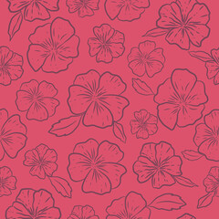 simple vector seamless pattern with flowers, line texture on red background. abstract floral wallpaper, bright tile ornament.