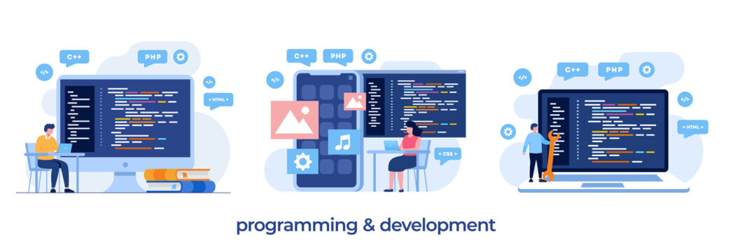 Web development. programming languages. css, html, it, ui. programmer cartoon character developing website, coding. flat illustration banner