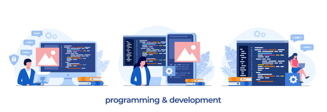 Web development. programming languages. css, html, it, ui. programmer cartoon character developing website, coding. flat illustration banner