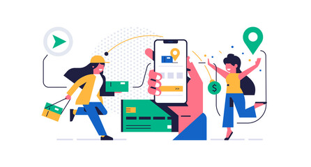Plakat Online parcel delivery service concept. Mobile app concept. Hand holding phone with parcel delivery application on display. Woman courier runs with an order for a happy woman. Flat vector illustration